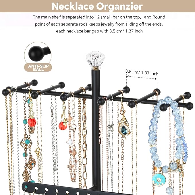 Meangood Jewelry Organizer Stand, 3-Tier Necklace Holder Jewelry Tree with Wooden Storage Drawer Box for Necklace Bracelet Earring Ring,Black
