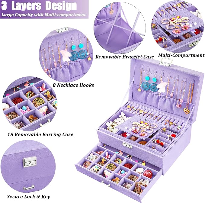 QBestry 3-Layer Jewelry Box for Girls & Teens with Lock and Key, Large Jewelry Organizer with 8 Necklace Hooks & 56 Earring Holes, Violet Velvet Jewelry Storage Box for Necklace Earring Ring Bracelet