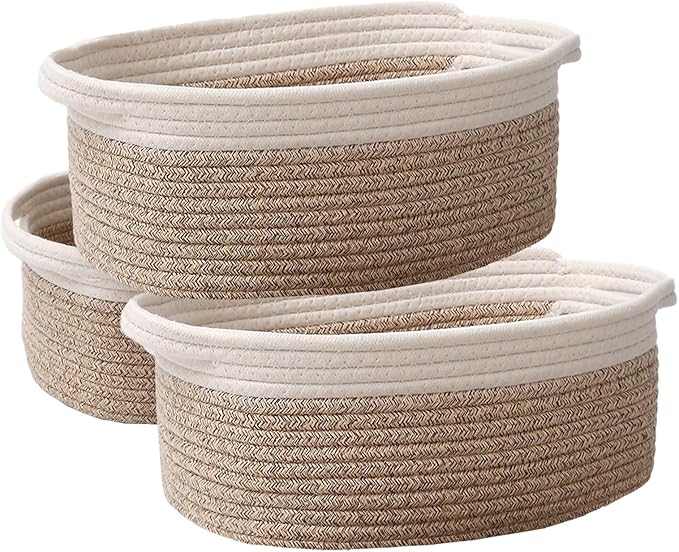 JMvicyroam Woven Basket,Small Rope Storage Bin with Handles & Ribbon Bag, Organizer for Shelves Closets,Gift Basket Empty for Birthday,Books,Dog Toys, White&Oatmeal/3 Pack