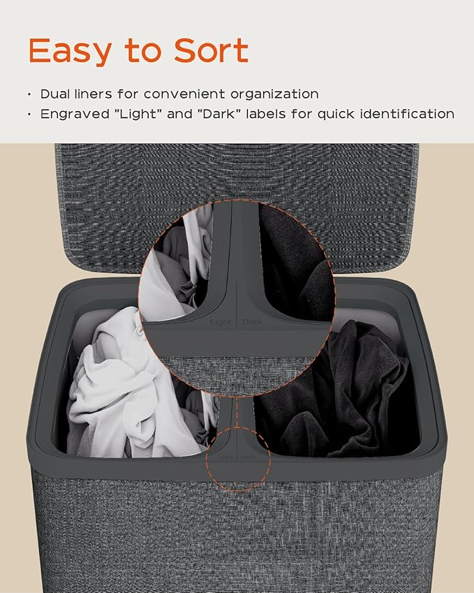 CASAMAYA Laundry Basket with Lid, Laundry Hamper 2 Section, 170L collapsible Laundry Organizer, Easy Assembly, with Handles and Removable Liners, 22 x 15.7 x 29.5 Inches, Black JSP903B