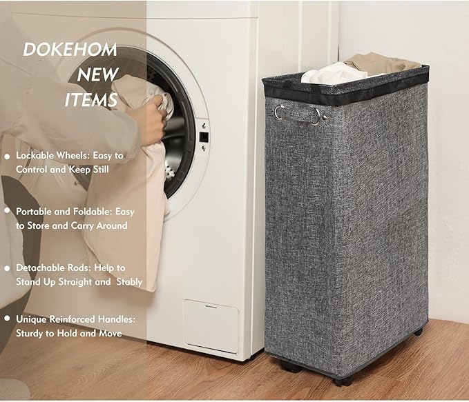 DOKEHOM 25-Inches Slim Laundry Basket on Wheels, Collapsible Rolling Laundry Hamper, Foldable Narrow Corner Clothes Storage Bins (Linen Grey)