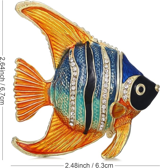 Hand Painted Animal Trinket Box for Home Decor, Hinged Jewelry Organizer Storage, Unique Personalized Collectible Keepsake Figurine Handmade Decorative Ornament Gifts (Angelfish)