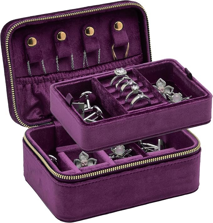 Velvet Travel Jewelry Organizer Box with Zipper Around Portable Accessory Display Tray Holder Storage Case for Multiple Earrings Rings Necklaces Bracelets (Purple)