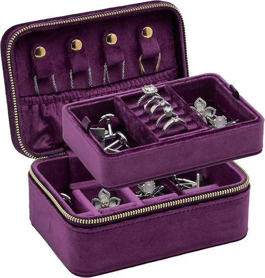 Velvet Travel Jewelry Organizer Box with Zipper Around Portable Accessory Display Tray Holder Storage Case for Multiple Earrings Rings Necklaces Bracelets (Purple)