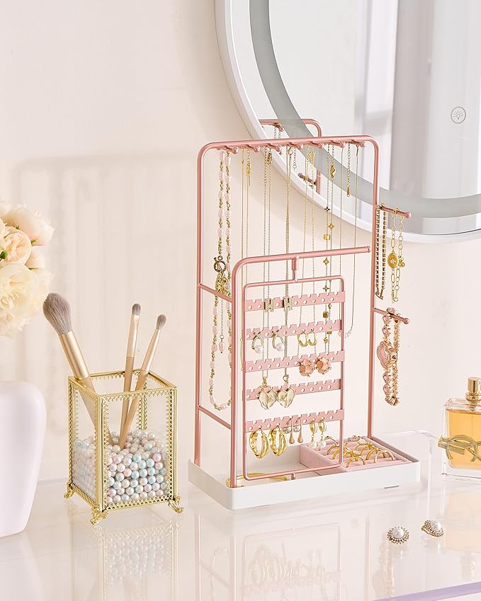 ProCase Jewelry Stand Holder Organizer, Jewelry Display Storage with Ring Tray, Rotating Earring Bracelet Necklace Holder, Valentine's Gifts Room Dorm Decor for Teen Girls -Rosegold (No-Assembly)