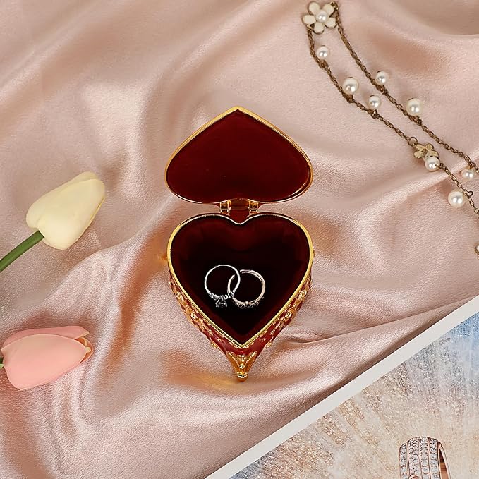 Hipiwe Heart Shape Jewelry Box Classic Metal Trinket Organizer Ring Storage Box with Rose Pattern Jewelry Storage Box for Ring Earrings Necklace, Gift for Women, Red