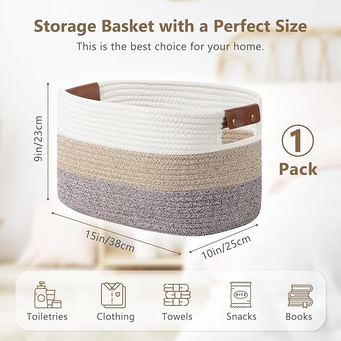 ECDYQXVU Cotton Rope Basket, Storage Baskets with Handle, 15x10x9 Inch Woven Basket for Shelves, Laundry, Towels, Clothes, Books, (Gradient Brown 1 Pack)