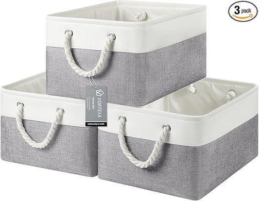 Large Storage Baskets- 15.7x11.8x8.26 inch Storage Bins for Shelves and Closet Organizing, Foldable Fabric Bin for Home Organization Clothes and Laundry (3-Pack, White&Grey)