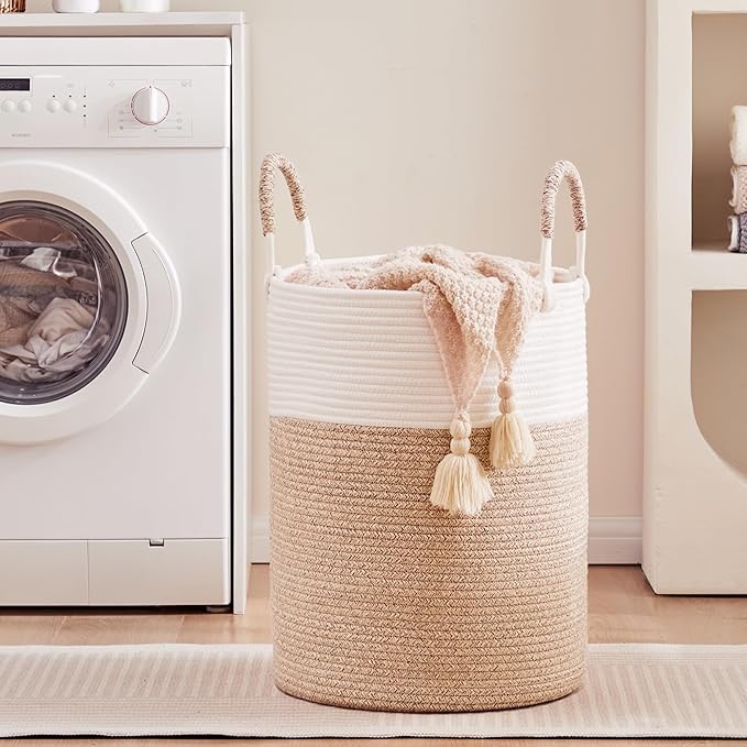80L Extra Large Laundry Hamper Basket Tall Woven Rope Clothes Hamper Blanket Basket for Living Room Bathroom Bedroom Brown 16"L x 16"W x 22"H