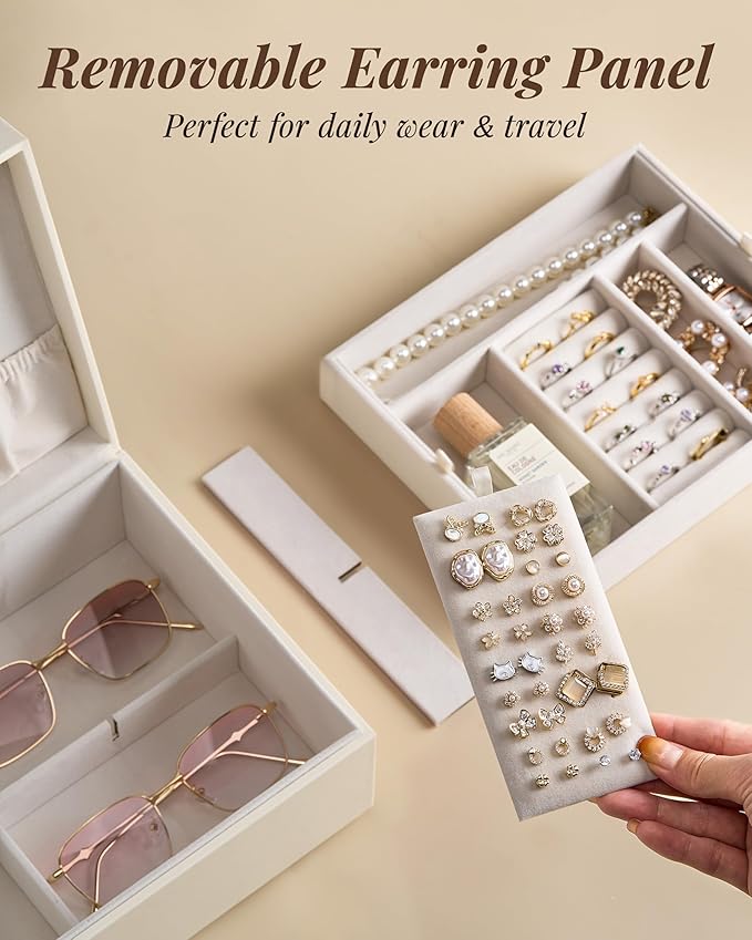 pickpiff 2 Layer Jewelry Box Organizer for Women, Jewelry Organizer with Handle & Removable Tray, Necklace Holder Ring Earring Storage, Velvet Lined Jewelry Case for Home or Travel, Gift Ready, Beige