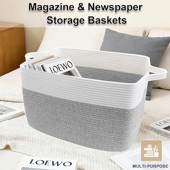 Large Blanket Basket,Woven Rope Basket Storage Bin with Handles,65L Rectangle Laundry Basket for Magazines,Toys,Clothes,Newspaper Shelf Organization,Nursery and Living Room,White&Grey