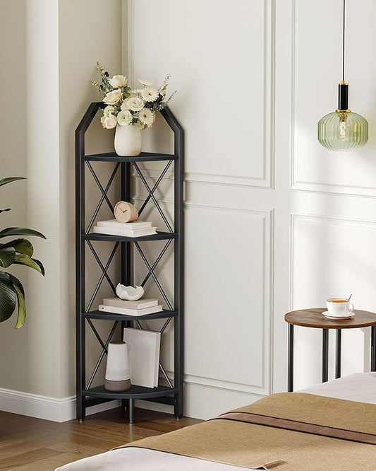 CHOEZON 4-Tier Corner Shelf, Industrial Corner Bookshelf, 47.6" Corner Storage Stand, Plant Stand Display Shelf, Corner Bookcase for Bedroom, Living Room, Home Office, Black TCJ09BB