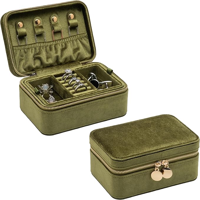 Velvet Travel Jewelry Organizer Box with Zipper Around Portable Accessory Display Tray Holder Storage Case for Multiple Earrings Rings Necklaces Bracelets (Olive Green)