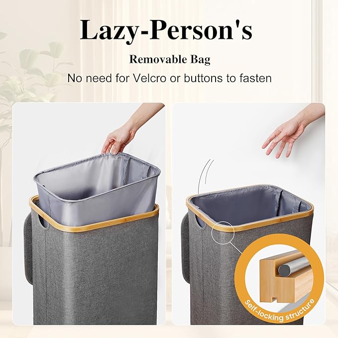 Foluck Large Laundry Hamper, 100L Waterproof Laundry Basket with Lid and Removable Bag, Collapsible Tall Clothes Hamper with Bamboo Handles for Clothes Toys in Dorm Bedroom Bathroom, Grey