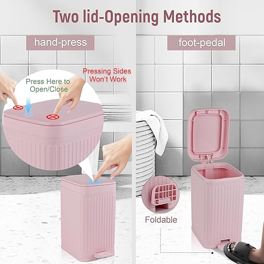 rejomiik Small Bathroom Trash Can with Lid Slim Soft Close Garbage Can Step Wastebasket Container Trash Bin for Office Bedroom Kitchen Living Room 1.9 Gallon Pink