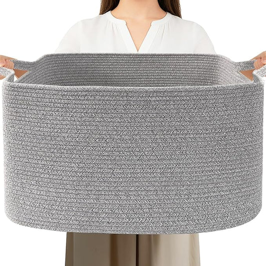 96L Large Blanket Basket,24"x16"x15"Rectangle Storage Bin with Handles,Woven Rope Laundry Basket for Toys, Clothes,Magazines,Home Organization,Nursery,Living Room & Bedroom,Grey