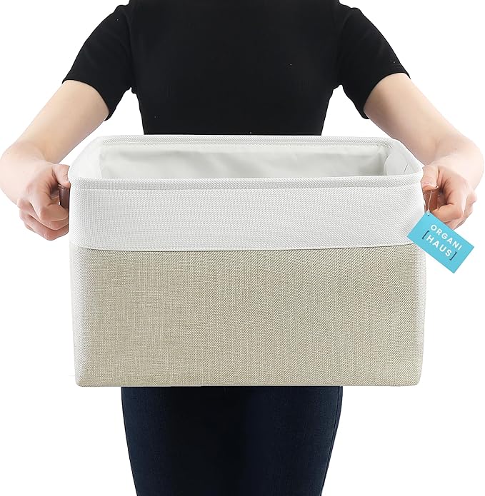 OrganiHaus Extra Large Fabric Storage Baskets for Shelves, 3 Pack, 16 x 13 in Closet Storage Bins, Canvas Organizer Baskets, Beige/Off-White