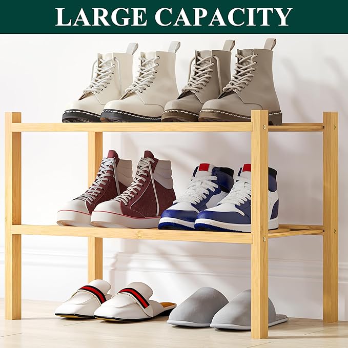 Smiry Shoe Rack, 2 Tier Small Bamboo Shoe Organizer, Stackable Free Standing Wooden Shoe Storage Shelf for Closet, Entryway, Front Door Entrance, Natural