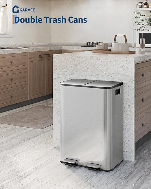 Garvee 2-in-1 Kitchen Trash and Recycle Combo, 30L (2 x 8 Gal) Stainless Steel Step Trash Can with Soft-Close Lid, Dual Compartment Garbage Bin for Kitchen