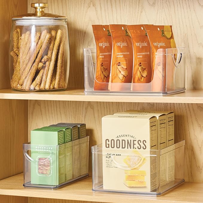 iDesign Narrow Pantry Bin with Handles for Kitchen Cabinets or Fridge, Set of 2, Clear, Made in USA