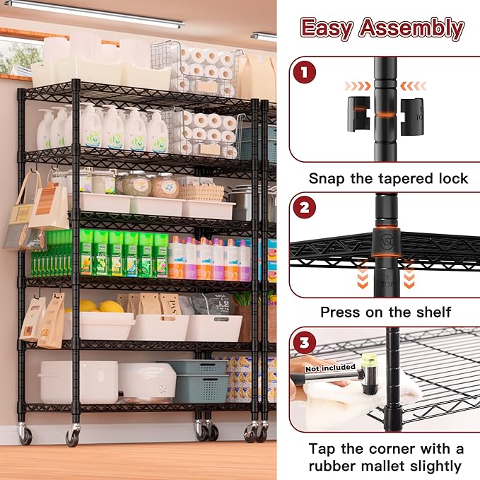 PrimeZone 6 Tier Wire Shelving with Wheels 78''H 1500lbs Storage Shelves NSF Certified Heavy Duty Steel Metal Shelf Adjustable Rolling Rack Kitchen Garage Closet Pantry Laundry 78''HX36''WX18''D 3Pcs