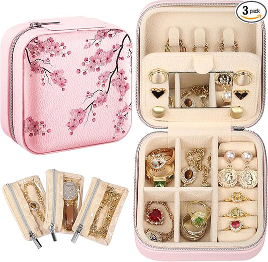 Bistup Travel Jewelry Case - Small Jewelry Organizers and Storage Box for Women Girls Teens Cute Traveling Jewelry Holder with Mirror Little Tiny Compact Modern Unique Aesthetic Pretty, Peach Blossom