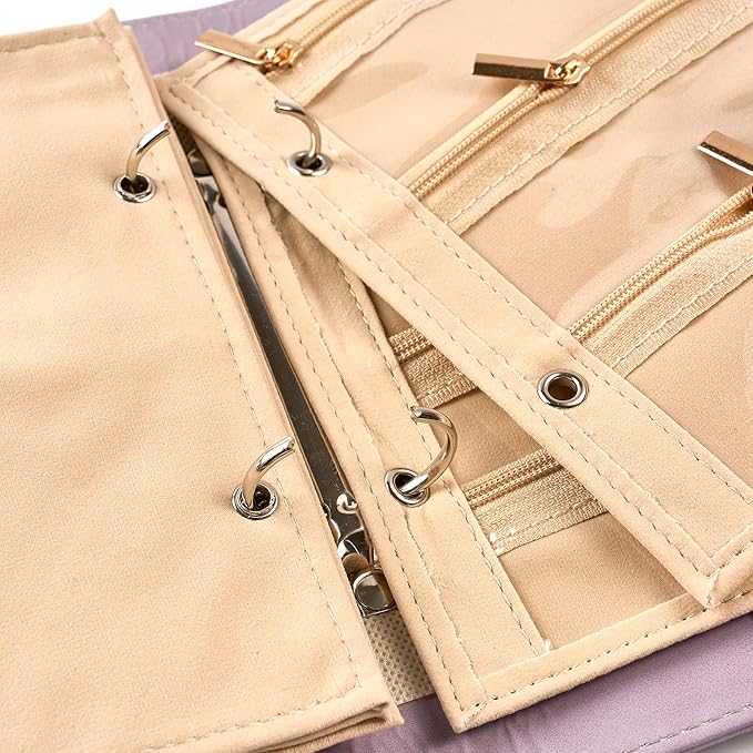 Travel Jewelry Binder Organizer Storage Book - Jewelry Boxes PU Leather Organizer Case with Zipper Velvet Pouches for Women Gifts - Pale Lilac