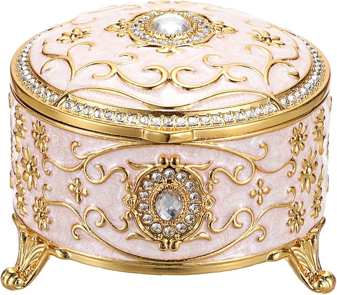 Hipiwe Metal Jewelry Box Small Treasure Chest Box Vintage Round Trinket Organizer Ring Holder Enameled Jewelry Box for Earrings Necklace Holder Gift for Birthday Christmas,Home Decor,Beige