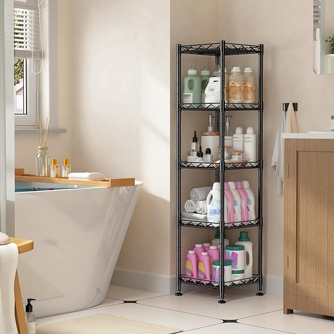 5 Tier Metal Shelving Unit Adjustable Storage Shelves:Wire Shelves Storage Rack Standing Bathroom Shelf and Narrow Small Shelf for Kitchen Pantry Closet Laundry Dorm Office 12''Wx12''Dx49''H Black