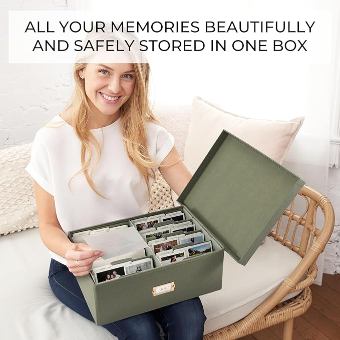 ZICOTO Decorative Photo Storage Box - Sturdy Linen Photo Organizer with Dividers is Perfect to Store Up to 1700 Pictures and 5x7 Photos - Portable Scrapbook Storage Containers with Lid