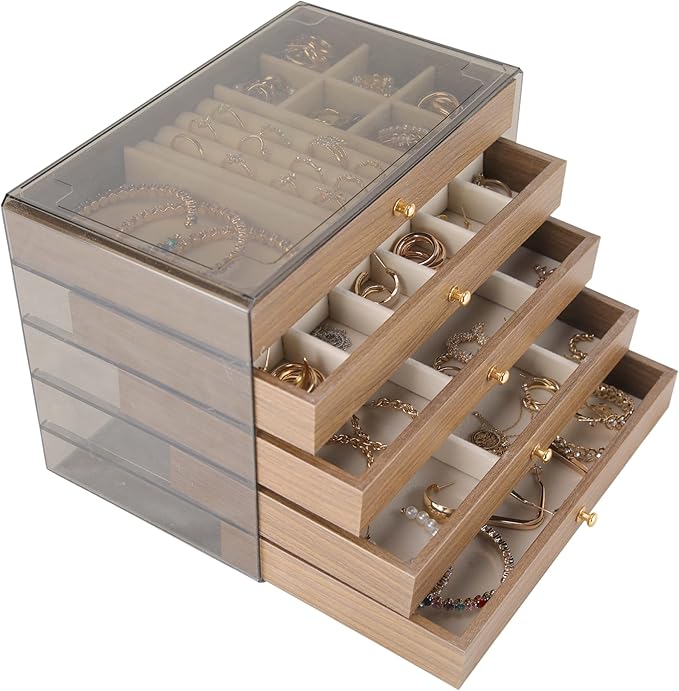 Wooden Jewelry Box Organizers and Storage for Girls Women 5 Drawers Multi-Layer Storage Case for Rings Earrings Necklaces Bracelets Vintage Box