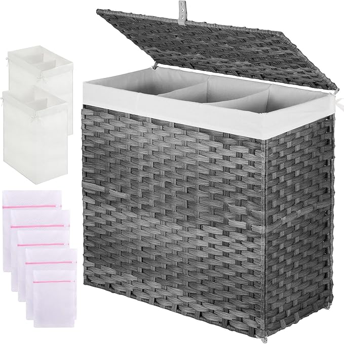 Greenstell Laundry Hamper with Lid, 125L Wicker Laundry Baskets with 2 Removable Liner Bags & 5 Mesh Laundry Bags, Handwoven Rattan Clothes Hamper with Handles for Clothes in Bathroom, Bedroom