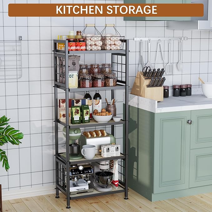 GIOTORENT 5-Tier Pantry Shelves with Wooden Boards, Heavy Duty Storage Shelves & Book Shelf, Adjustable Metal Shelving Unit for Kitchen Bathroom Laundry Organizer, Sturdy Rust-Resistant, Black