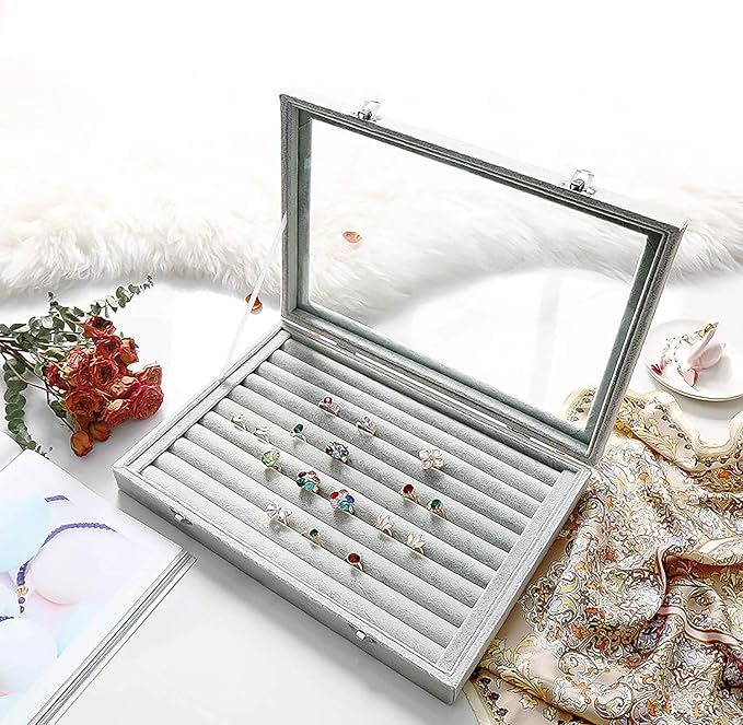 Jewelry Tray Ring Organizer Box with Clear Lid Velvet Tray for Jewelry Storage Display Case, 10 Slots Can Hold 100 Rings Earrings Dustproof Necklace Jewelry Box Organizer & Tray