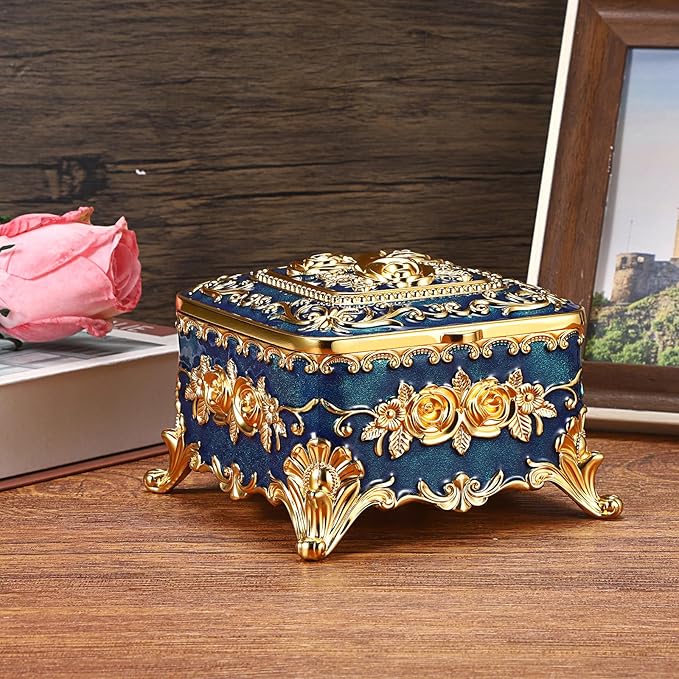 Hipiwe Metal Jewelry Box Decorative Trinket Chest Rectangular Treasure Display Case Keepsake Organizer for Earrings Ring Holder, Blue, 5.1" L x 5.1" W x 3.1" H