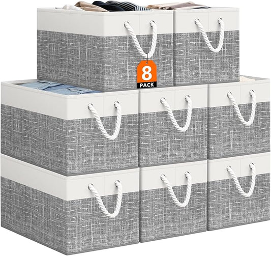 StorageTastic Storage Bin,Collapsible Storage Basket For Organizing,Large Storage Boxes With Rope Handles,Storage Containers,White & Grey,8 Pack