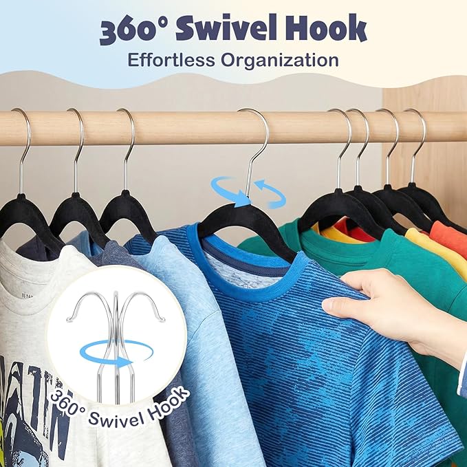 HOUSE DAY 14 Inch Kids Velvet Hangers 50 Pack, Durable Big Kid Hangers for Youth, Teen, Non Slip Kids Felt Hanger, Cute Childrens Hanger for Closet, Black