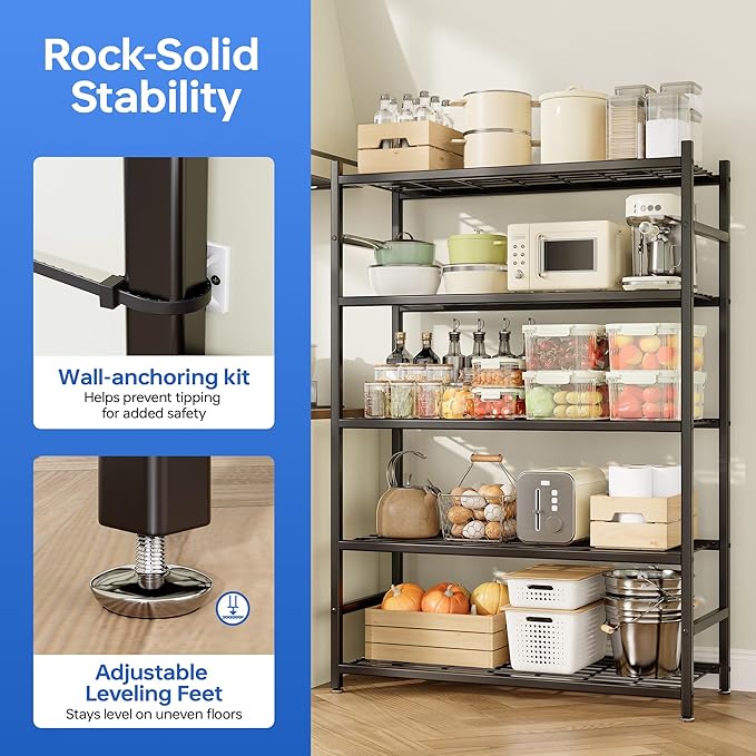 Storage Shelves, 5-Tier Metal Shelving Unit with Adjustable Feet, Shelf Organizer for Garage, Kitchen, Pantry and Closet Organization, 36.4" x 11.8" x 68.3", Black