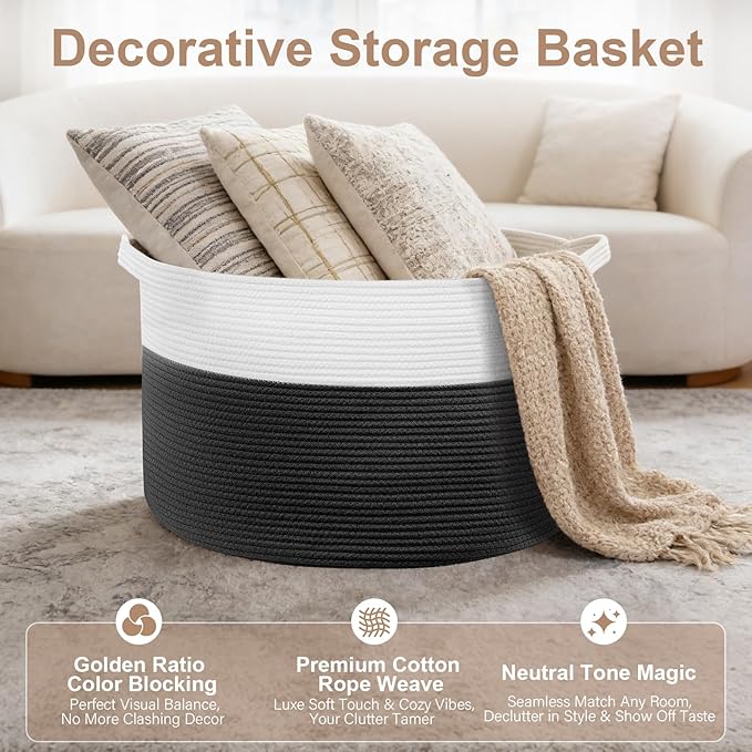 XXXL Large Laundry Basket, 105L Soft Cotton Rope Basket, Blanket Storage and Organizers, Baby Nursery Laundry Hamper, Extra Large Toys Storage Bins for Kids 23.6'' x 14.6'', White & Black