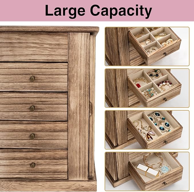 Emfogo Jewelry Box for Women, 5 Layer Large Wood Boxes & Organizers for Necklaces Earrings Rings Bracelets, Rustic Organizer with Drawers and Mirror(Carbonized Black)