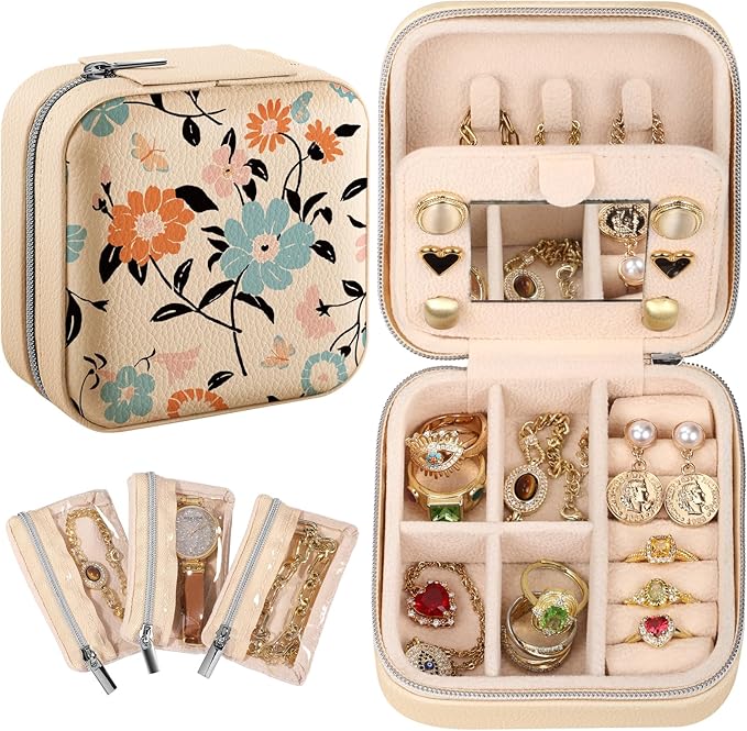 Bistup Travel Jewelry Case - Small Jewelry Organizers and Storage Box for Women Girls Teens Cute Traveling Jewelry Holder with Mirror Little Tiny Compact Blue Floral Modern Unique Aesthetic Pretty