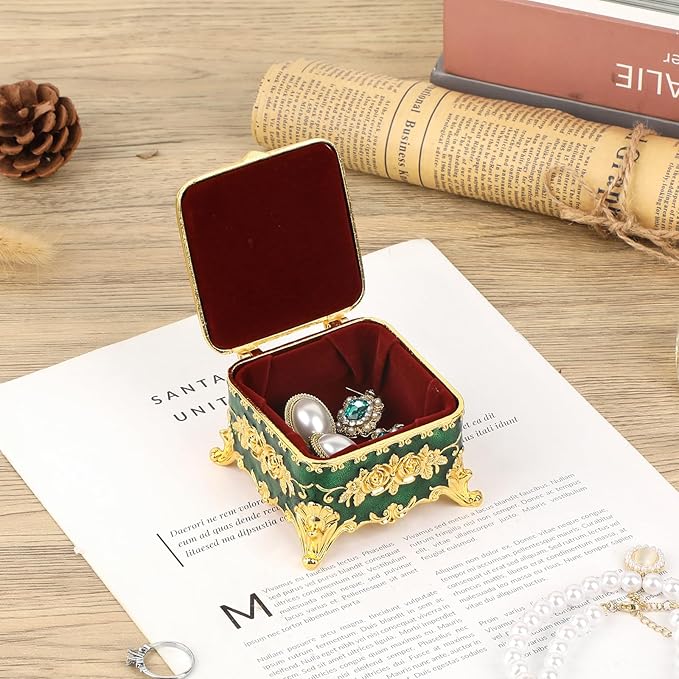 Hipiwe Vintage Jewelry Box Small Trinket Storage Organizer Box Gold Metal Chest Ring Case Treasure Chest Square Keepsake Boxes for Earrings Necklace Gift for Women,Green