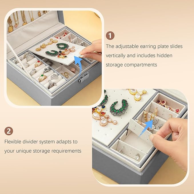 Homeanda Jewelry box 2 layer Jewelry box Leather Jewelry boxes for Women Girls Teens Jewelry organizer box Jewelry Storage box with lock(Grey)