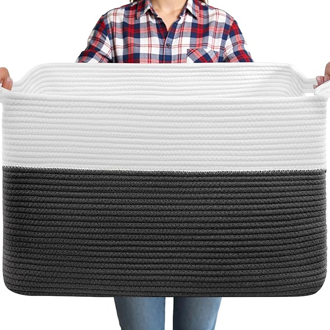 75L Large Blanket Basket, Rectangular Cotton Rope Basket, Laundry Hamper for Blankets, Pillows, Extra Large Toys Storage Bins for Kids, Dogs 22" x 17" x 12", White & Black
