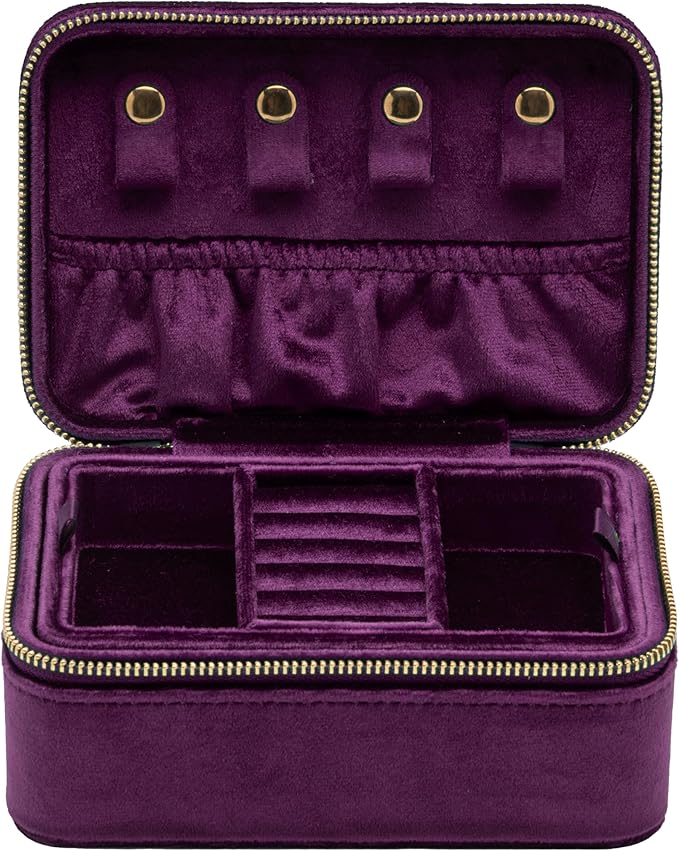 Velvet Travel Jewelry Organizer Box with Zipper Around Portable Accessory Display Tray Holder Storage Case for Multiple Earrings Rings Necklaces Bracelets (Purple)