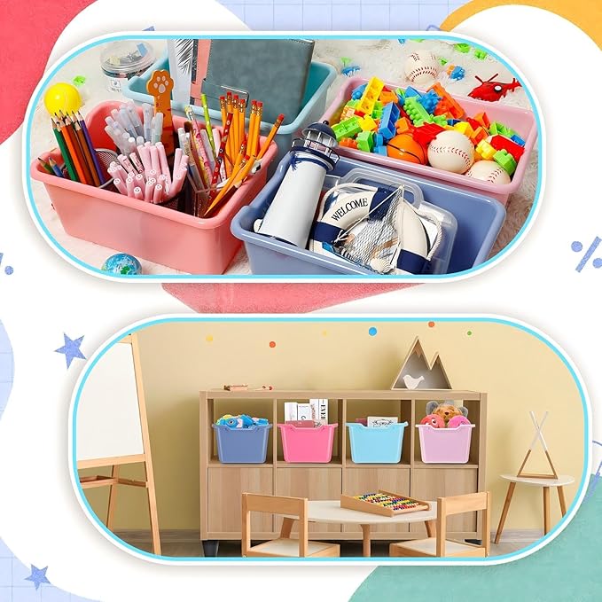 Dandat 16 Pcs Plastic Book Bins for Classroom Library Cubby Bins Scoop Front Stackable Toy Storage Tubs Containers for School Office Home Nursery Playroom Organization(Pastel Color)