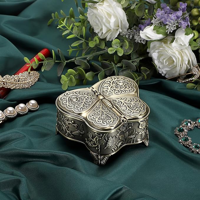 Hipiwe Vintage Metal Jewelry Trinket Box - Butterfly Shape Jewelry Organizer Treasure Chest Ring Holder Earrings Necklace Storage Box Keepsake Box,Brozne,Medium