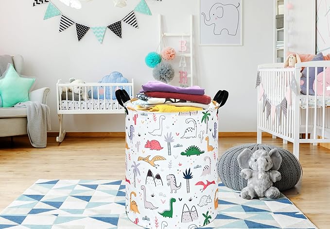 Collapsible Kids Laundry Basket Clothes Hamper, Foldable Storage Organizer Bin, Toy Clothes Storage with Handles for Boys Girls Bedroom, Room Decor Dinosaur
