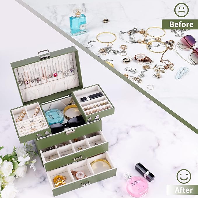 Dajasan Jewelry Organizer Box, Large Jewelry Boxes for Women Girls, Space-Saving 4 Layers Jewelry Storage Case with Drawer, Movable Metal Stand, Modern, Gift Idea (Green)