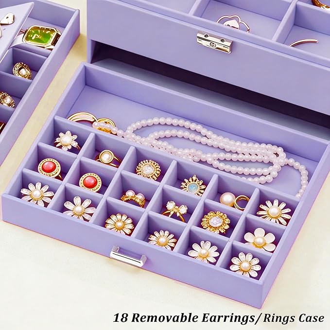 QBestry 3-Layer Jewelry Box for Girls & Teens with Lock and Key, Large Jewelry Organizer with 8 Necklace Hooks & 56 Earring Holes, Violet Velvet Jewelry Storage Box for Necklace Earring Ring Bracelet